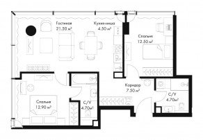 МФК «SLAVA», планировка 2-комнатной квартиры, 68.30 м²