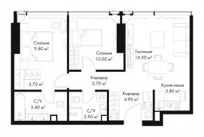 МФК «SLAVA», планировка 2-комнатной квартиры, 61.70 м²