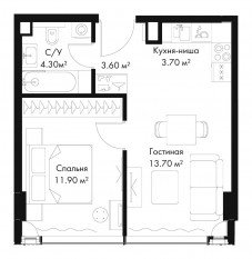 МФК «SLAVA», планировка 1-комнатной квартиры, 37.20 м²
