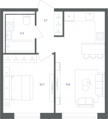МФК «Равновесие», планировка 1-комнатной квартиры, 36.50 м²