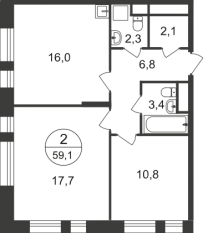 ЖК «Первый Московский», планировка 2-комнатной квартиры, 59.10 м²