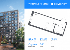 ЖК «Курортный Квартал», планировка студии, 25.10 м²