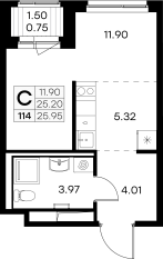 ЖК «GloraX Новоселье», планировка студии, 25.95 м²