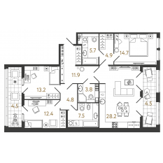 ЖК «Миръ», планировка 3-комнатной квартиры, 107.10 м²