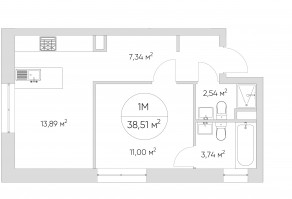 Апарт-комплекс «N'ice loft», планировка 1-комнатной квартиры, 38.40 м²
