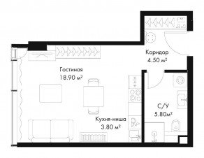 МФК «SLAVA», планировка студии, 33.00 м²