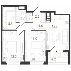 ЖК «Литера», планировка 2-комнатной квартиры, 57.40 м²