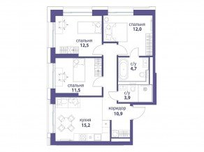 ЖК «Символ», планировка 3-комнатной квартиры, 70.70 м²