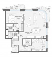 ЖК Дом «Лаврушинский», планировка 2-комнатной квартиры, 127.90 м²