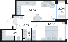 ЖК «GloraX Парголово», планировка 1-комнатной квартиры, 38.95 м²