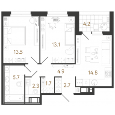 ЖК «Литера», планировка 2-комнатной квартиры, 58.70 м²