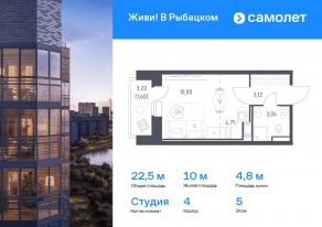 ЖК «Живи! В Рыбацком», планировка студии, 22.53 м²