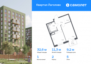 ЖК «Квартал Лаголово», планировка 1-комнатной квартиры, 32.63 м²