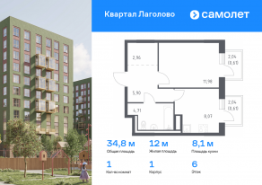 ЖК «Квартал Лаголово», планировка 1-комнатной квартиры, 34.84 м²