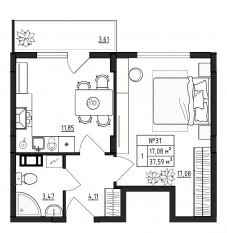 МЖК «Верево-Сити», планировка 1-комнатной квартиры, 37.59 м²