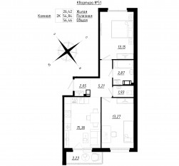 МЖК «Счастье 2.0», планировка 2-комнатной квартиры, 56.71 м²