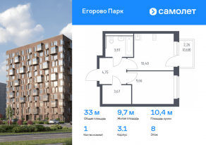 ЖК «Егорово Парк», планировка 1-комнатной квартиры, 33.03 м²