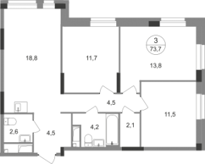 ЖК «Первый Московский», планировка 3-комнатной квартиры, 73.70 м²