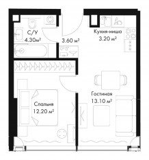 МФК «SLAVA», планировка 1-комнатной квартиры, 36.40 м²