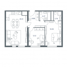 ЖК «iLove», планировка 2-комнатной квартиры, 74.50 м²