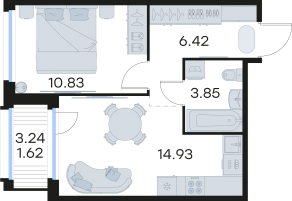 ЖК «GloraX Парголово», планировка 1-комнатной квартиры, 37.65 м²