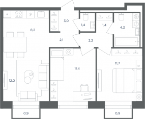 МФК «Равновесие», планировка 3-комнатной квартиры, 58.30 м²