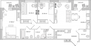 ЖК ЦДС «Dreamline», планировка 3-комнатной квартиры, 95.46 м²