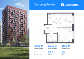 ЖК «Пригород Лесное», планировка 1-комнатной квартиры, 34.64 м²