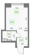 ЖК «Upside Towers», планировка студии, 22.77 м²