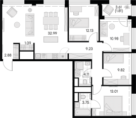 ЖК «GloraX Premium Василеостровский», планировка 4-комнатной квартиры, 102.80 м²