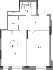 ЖК «Первый Московский», планировка 1-комнатной квартиры, 46.60 м²