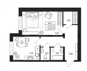 МЖК «Верево-Сити», планировка 1-комнатной квартиры, 50.79 м²