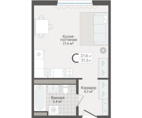 ЖК «Руднева, 15», планировка студии, 31.30 м²