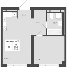 МЖК «Яковлево», планировка 2-комнатной квартиры, 35.50 м²