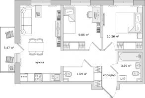 ЖК ЦДС «Новые Горизонты», планировка 2-комнатной квартиры, 52.40 м²