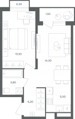 МФК «Равновесие», планировка 1-комнатной квартиры, 42.90 м²
