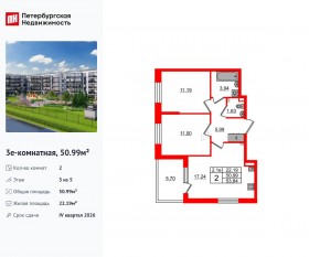 ЖК «Парадный ансамбль», планировка 2-комнатной квартиры, 50.99 м²
