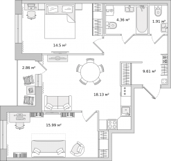 ЖК «Город Первых», планировка 2-комнатной квартиры, 63.90 м²
