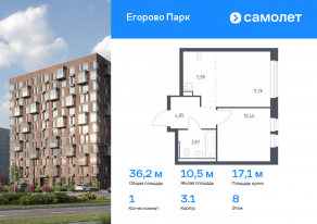 ЖК «Егорово Парк», планировка 1-комнатной квартиры, 36.24 м²
