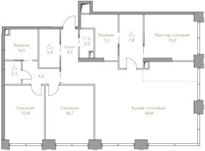 ЖК «Luzhniki Collection», планировка 3-комнатной квартиры, 136.40 м²