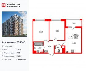 ЖК «Астра Континенталь», планировка 2-комнатной квартиры, 50.73 м²