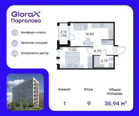 ЖК «GloraX Парголово», планировка 1-комнатной квартиры, 35.94 м²