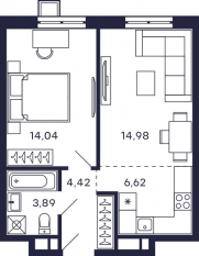 Квартал «Тетрис», планировка 1-комнатной квартиры, 43.90 м²