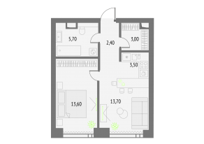 ЖК «Upside Towers», планировка 1-комнатной квартиры, 41.90 м²