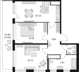 Апарт-комплекс «GloraX Заневский», планировка 2-комнатной квартиры, 80.20 м²
