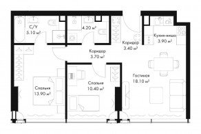 МФК «SLAVA», планировка 2-комнатной квартиры, 62.70 м²
