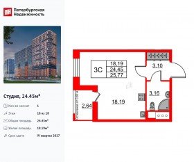 ЖК «Город звезд», планировка студии, 24.45 м²