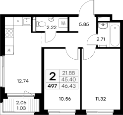 ЖК «GloraX Новоселье», планировка 2-комнатной квартиры, 46.43 м²