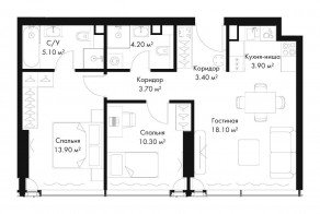 МФК «SLAVA», планировка 2-комнатной квартиры, 62.60 м²