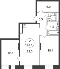 ЖК «Первый Московский», планировка 2-комнатной квартиры, 68.70 м²